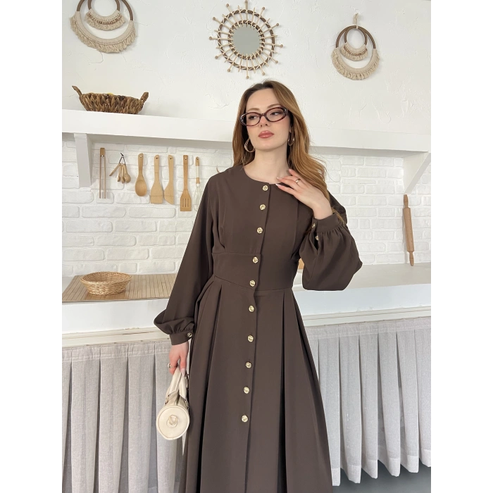 Düğme Detaylı Uzun Zarif Gömlek Elbise Kahve