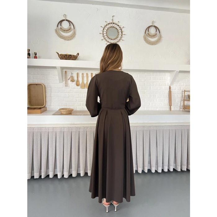 Düğme Detaylı Uzun Zarif Gömlek Elbise Kahve