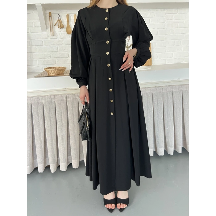 Düğme Detaylı Uzun Zarif Gömlek Elbise Siyah