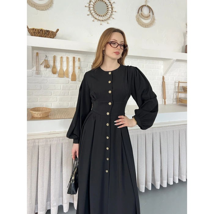 Düğme Detaylı Uzun Zarif Gömlek Elbise Siyah