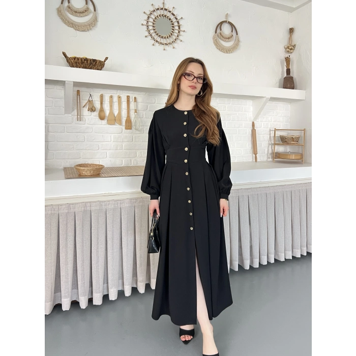 Düğme Detaylı Uzun Zarif Gömlek Elbise Siyah