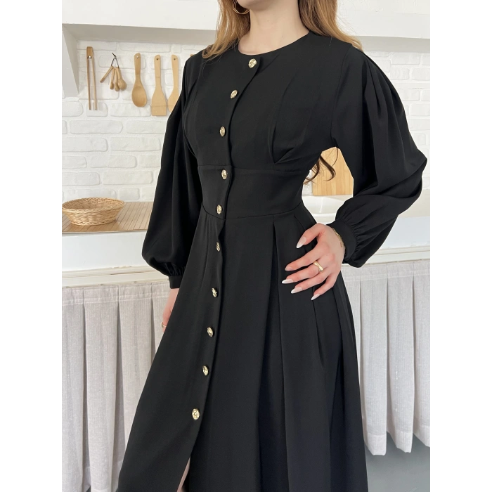 Düğme Detaylı Uzun Zarif Gömlek Elbise Siyah