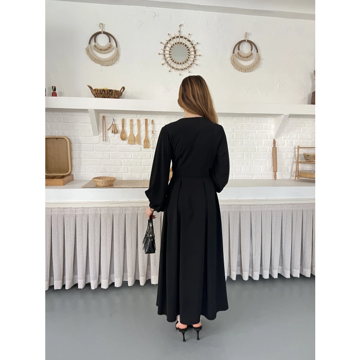 Düğme Detaylı Uzun Zarif Gömlek Elbise Siyah