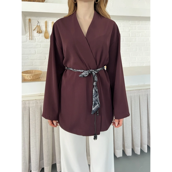 Kruvaze Yaka Bel Kuşaklı Tasarım Bluz Bordo