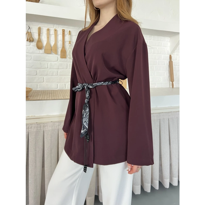 Kruvaze Yaka Bel Kuşaklı Tasarım Bluz Bordo