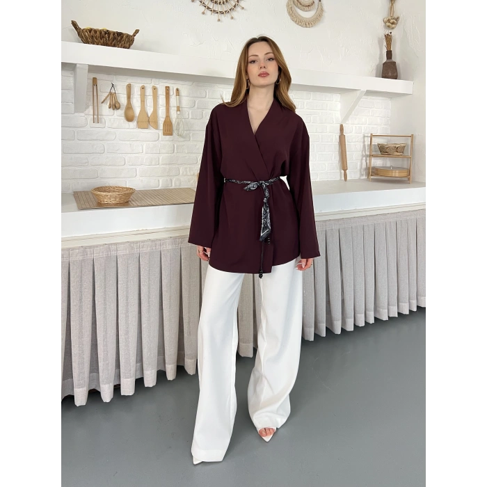 Kruvaze Yaka Bel Kuşaklı Tasarım Bluz Bordo