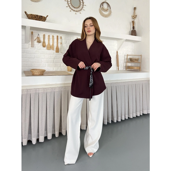 Kruvaze Yaka Bel Kuşaklı Tasarım Bluz Bordo