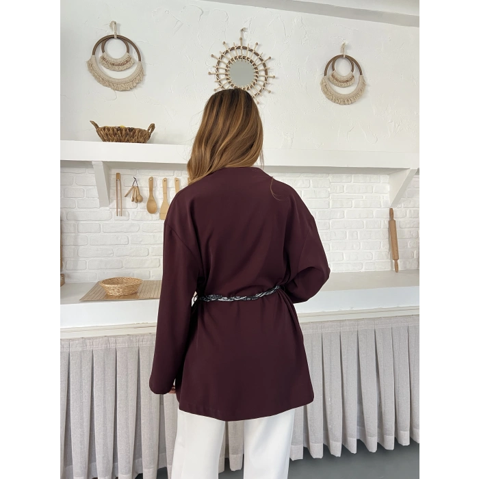 Kruvaze Yaka Bel Kuşaklı Tasarım Bluz Bordo
