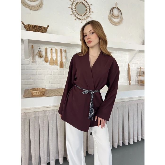 Kruvaze Yaka Bel Kuşaklı Tasarım Bluz Bordo