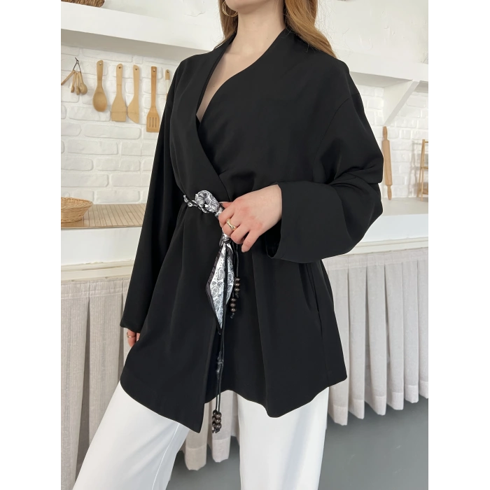 Kruvaze Yaka Bel Kuşaklı Tasarım Bluz Siyah