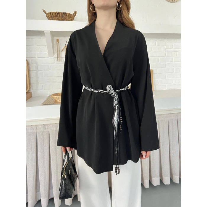 Kruvaze Yaka Bel Kuşaklı Tasarım Bluz Siyah