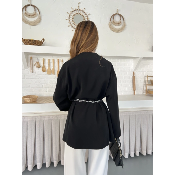Kruvaze Yaka Bel Kuşaklı Tasarım Bluz Siyah