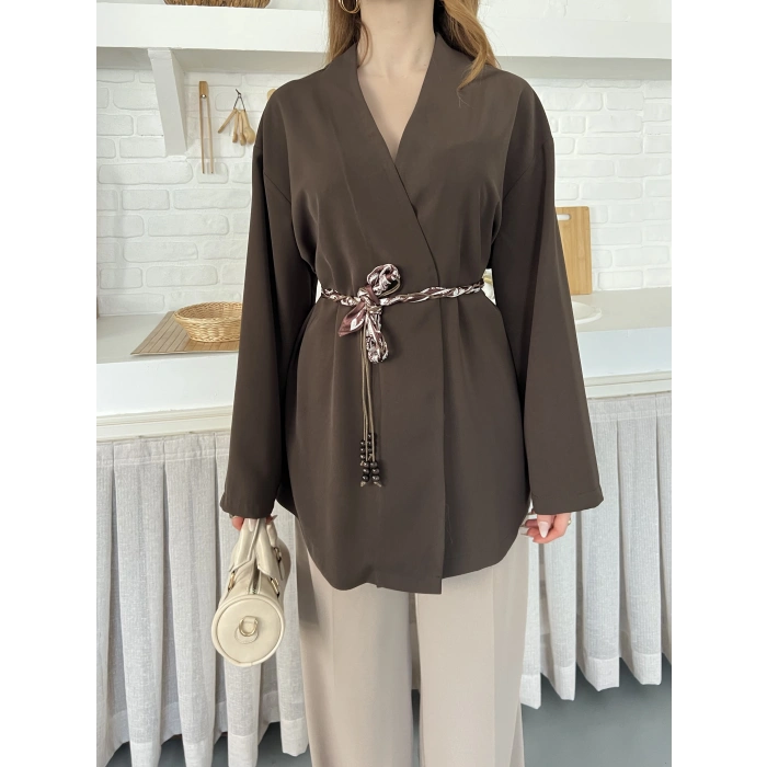 Kruvaze Yaka Bel Kuşaklı Tasarım Bluz Kahve