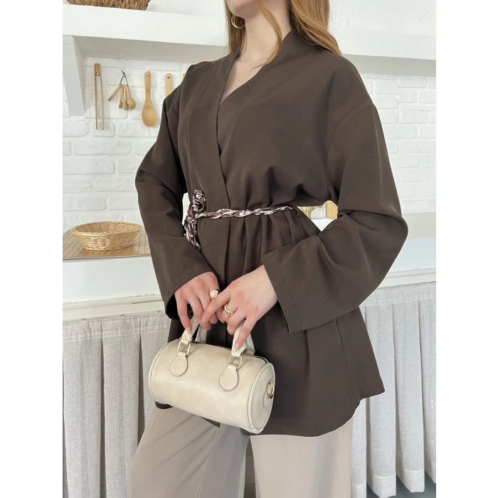 Kruvaze Yaka Bel Kuşaklı Tasarım Bluz Kahve