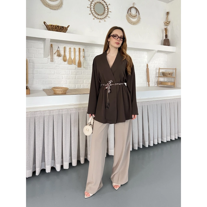 Kruvaze Yaka Bel Kuşaklı Tasarım Bluz Kahve