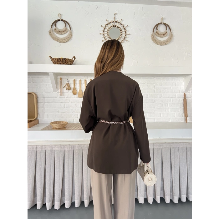 Kruvaze Yaka Bel Kuşaklı Tasarım Bluz Kahve