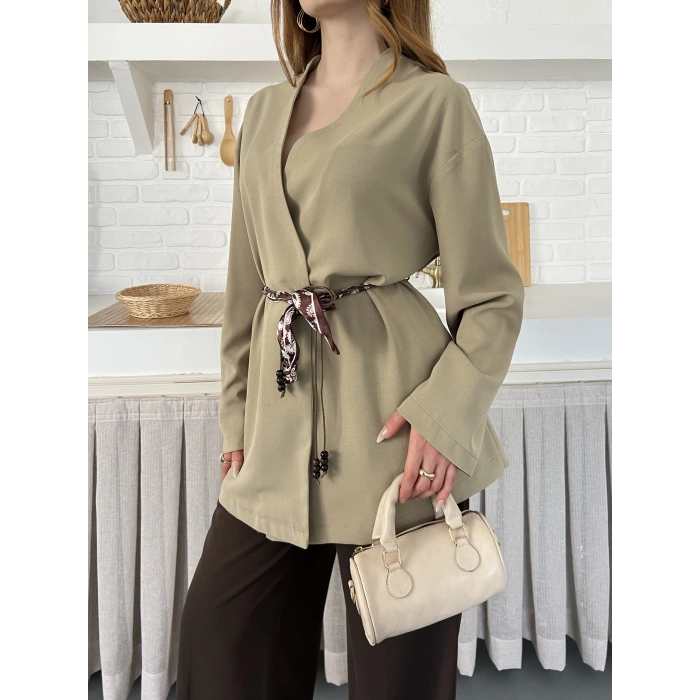 Kruvaze Yaka Bel Kuşaklı Tasarım Bluz Haki