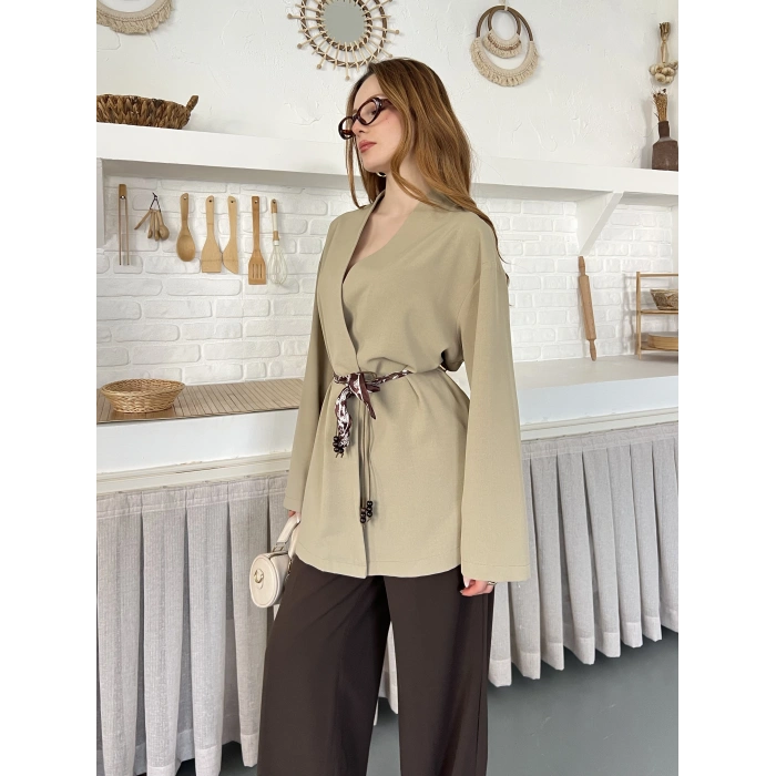 Kruvaze Yaka Bel Kuşaklı Tasarım Bluz Haki