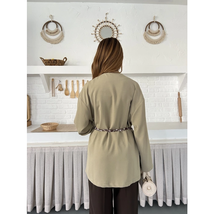 Kruvaze Yaka Bel Kuşaklı Tasarım Bluz Haki