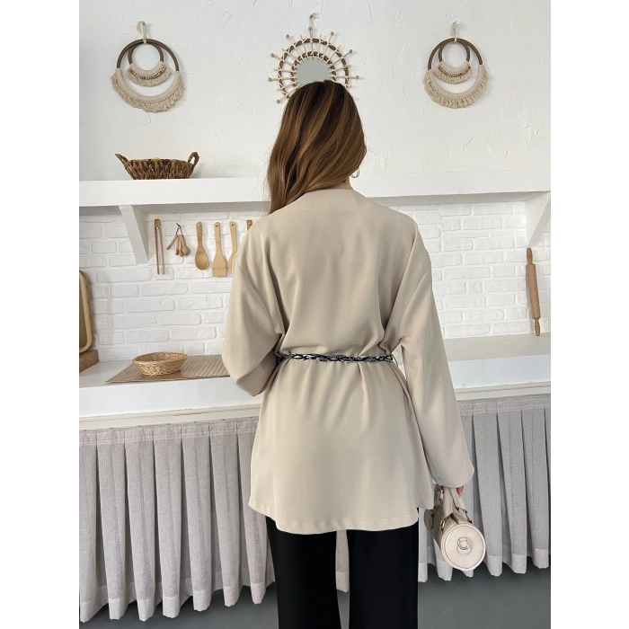 Kruvaze Yaka Bel Kuşaklı Tasarım Bluz Bej