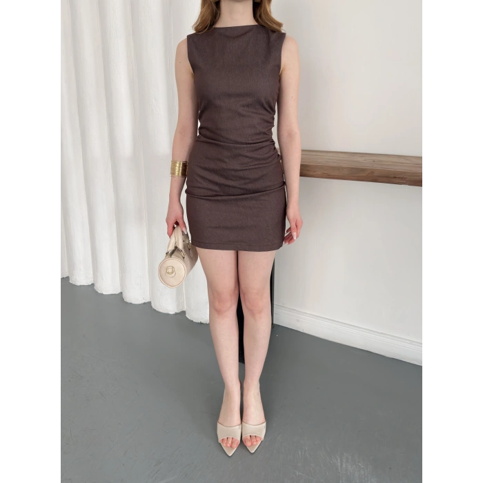 Yan Büzgü Detay Kısa Denim Elbise Kahve