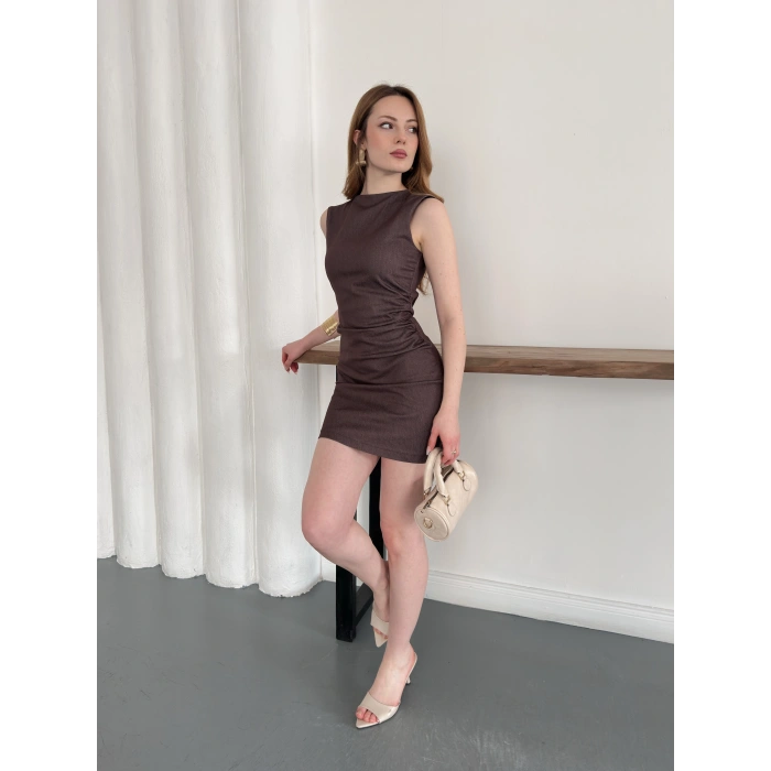 Yan Büzgü Detay Kısa Denim Elbise Kahve