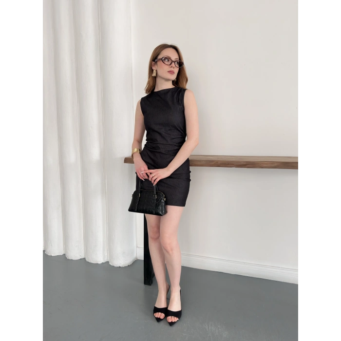 Yan Büzgü Detay Kısa Denim Elbise Antrasit