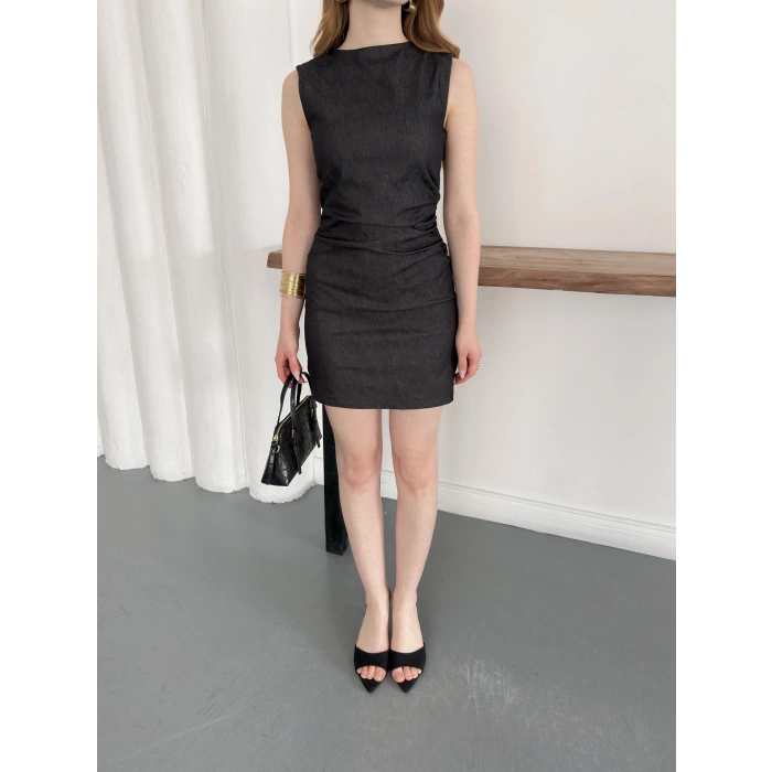 Yan Büzgü Detay Kısa Denim Elbise Antrasit