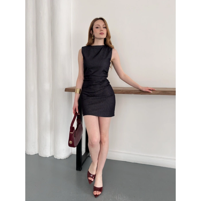 Yan Büzgü Detay Kısa Denim Elbise Lacivert