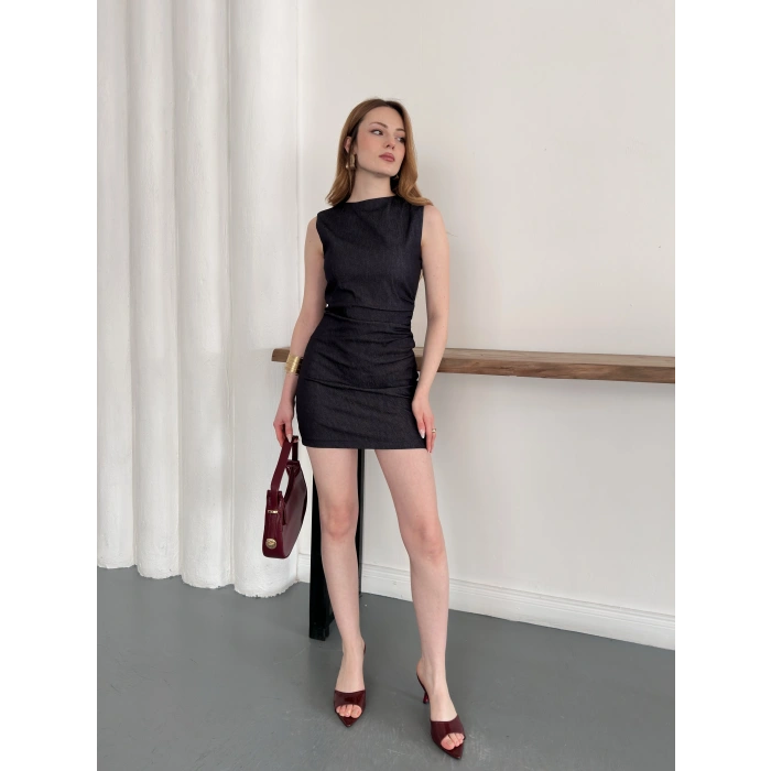 Yan Büzgü Detay Kısa Denim Elbise Lacivert