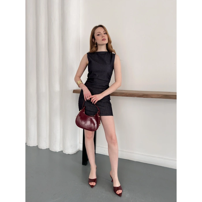 Yan Büzgü Detay Kısa Denim Elbise Lacivert