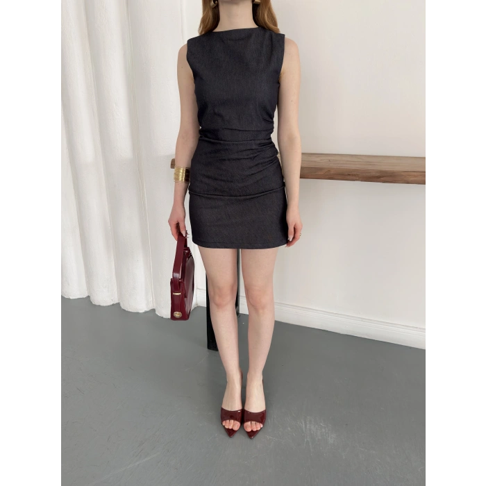 Yan Büzgü Detay Kısa Denim Elbise Lacivert