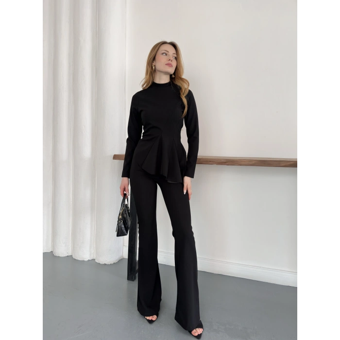 Yan Pileli İki Pantolonlu Takım Siyah