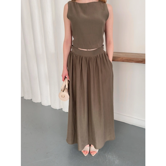 Krep Kumaş İkili Eteklı Takım Haki