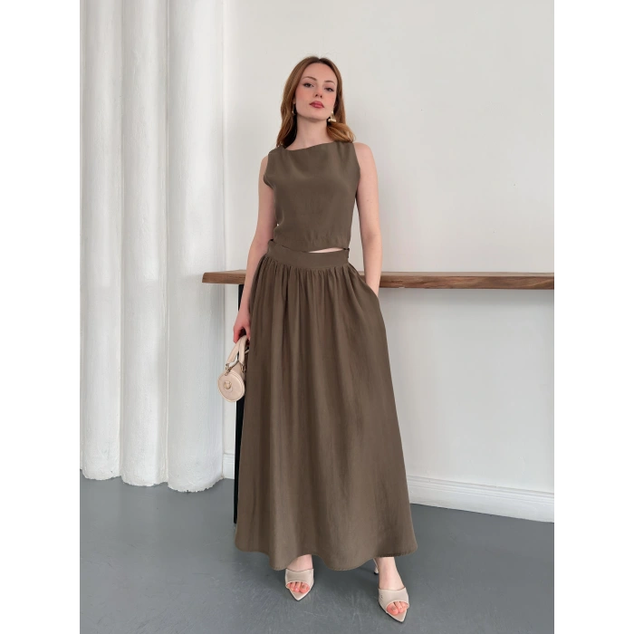 Krep Kumaş İkili Eteklı Takım Haki