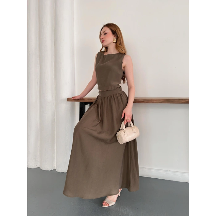 Krep Kumaş İkili Eteklı Takım Haki