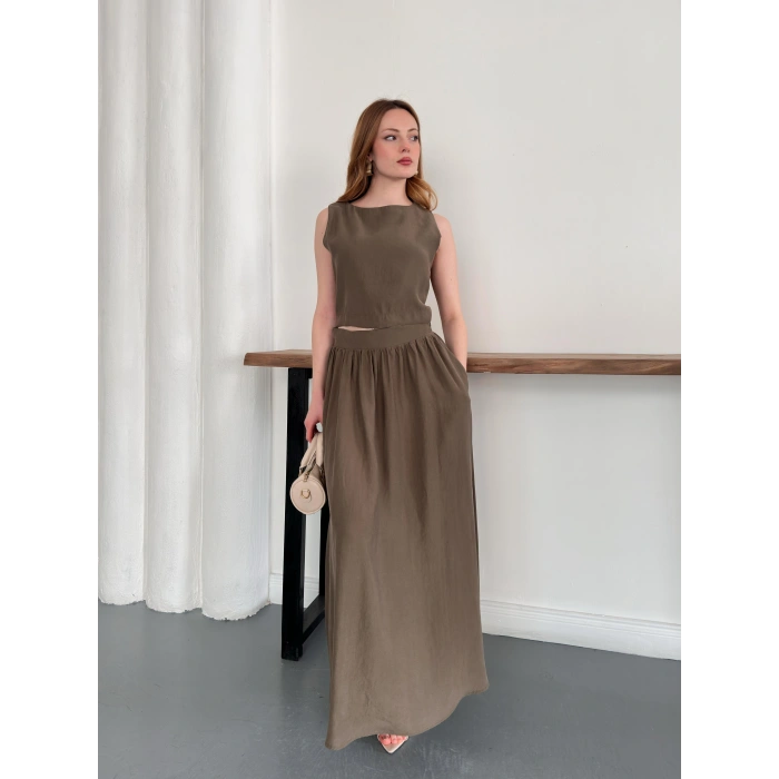 Krep Kumaş İkili Eteklı Takım Haki