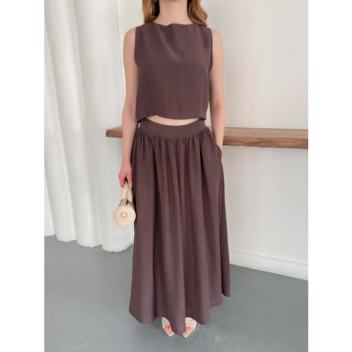 Krep Kumaş İkili Eteklı Takım Kahve