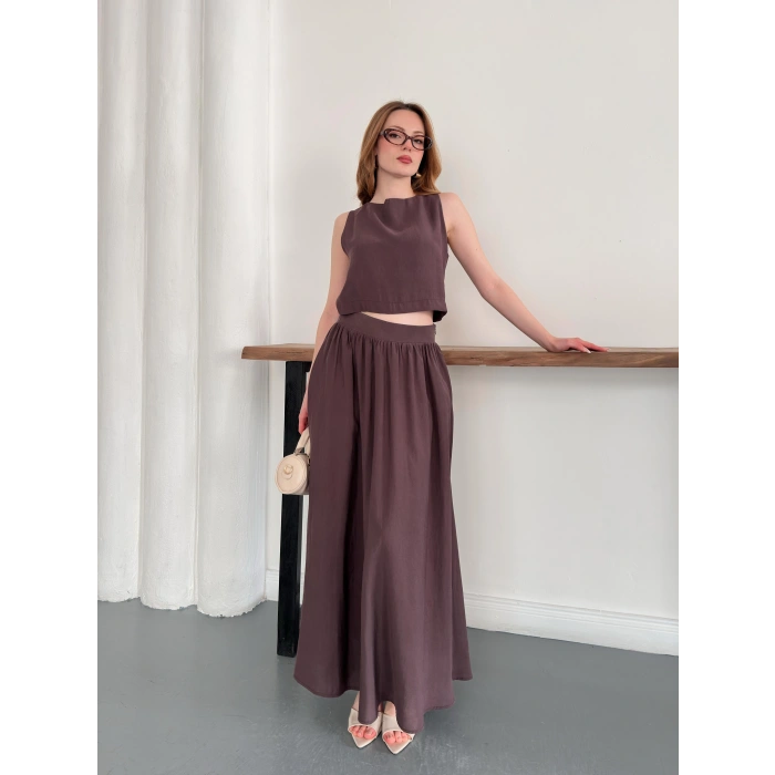 Krep Kumaş İkili Eteklı Takım Kahve