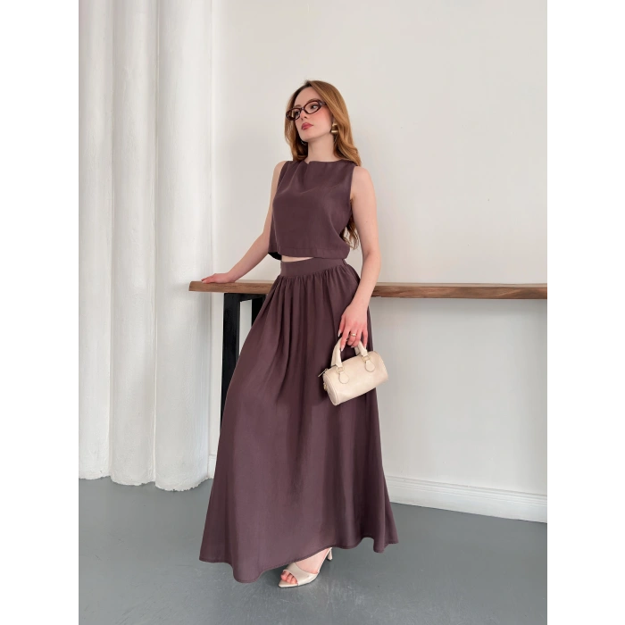 Krep Kumaş İkili Eteklı Takım Kahve