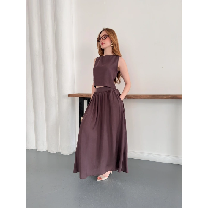 Krep Kumaş İkili Eteklı Takım Kahve