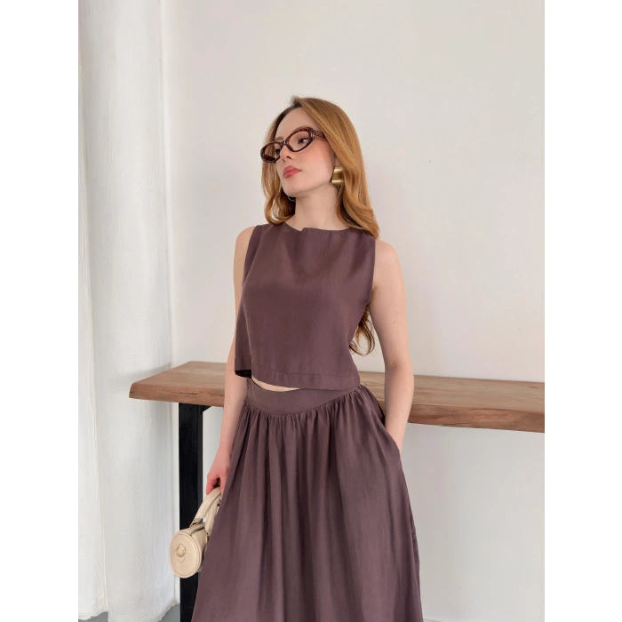 Krep Kumaş İkili Eteklı Takım Kahve