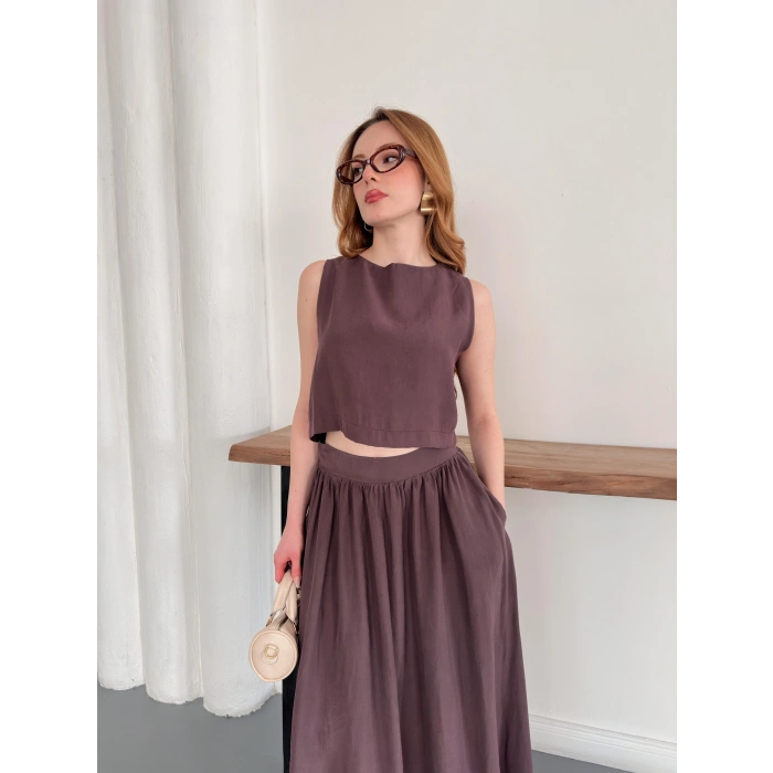 Krep Kumaş İkili Eteklı Takım Kahve