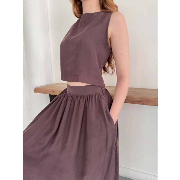 Krep Kumaş İkili Eteklı Takım Kahve