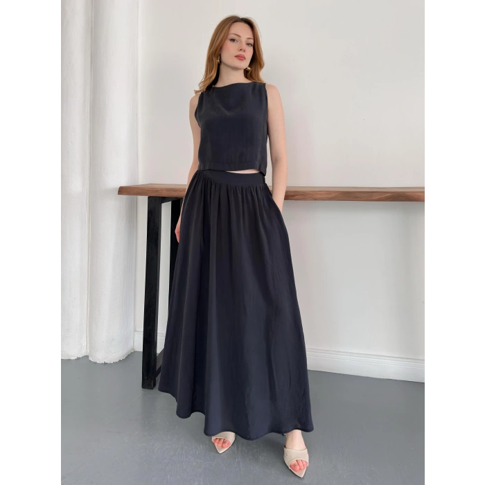 Krep Kumaş İkili Eteklı Takım Siyah