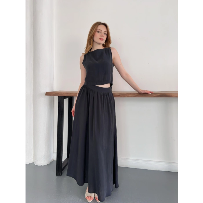 Krep Kumaş İkili Eteklı Takım Siyah