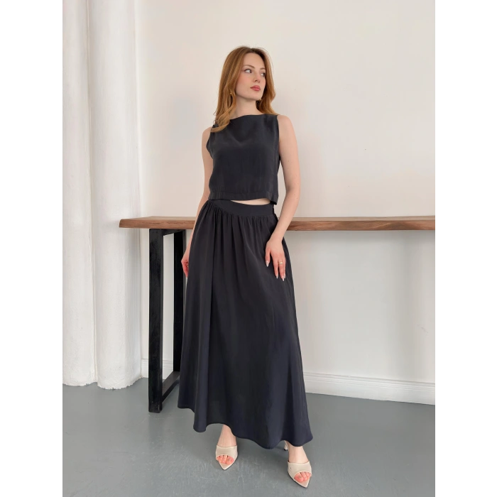 Krep Kumaş İkili Eteklı Takım Siyah