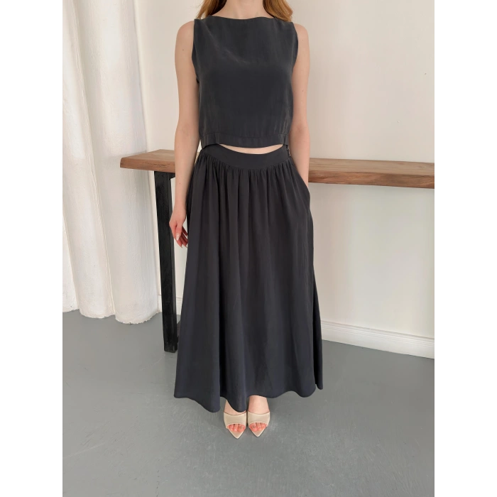 Krep Kumaş İkili Eteklı Takım Siyah