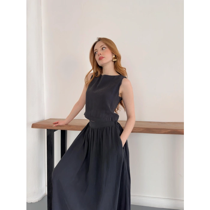 Krep Kumaş İkili Eteklı Takım Siyah