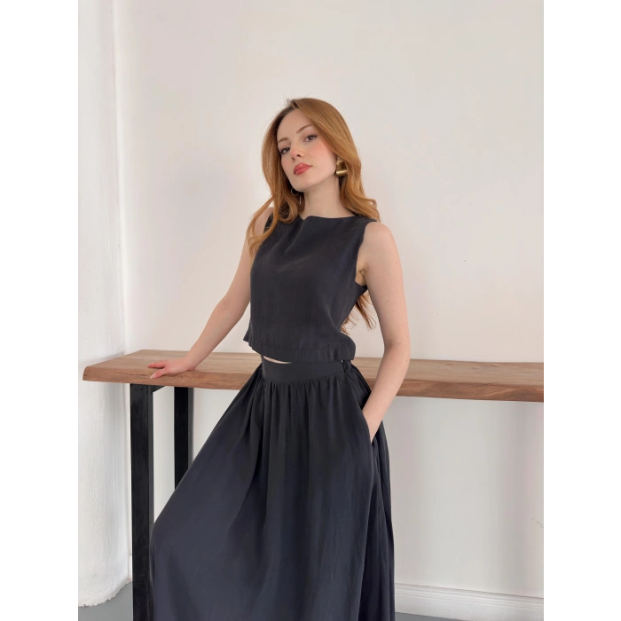 Krep Kumaş İkili Eteklı Takım Siyah